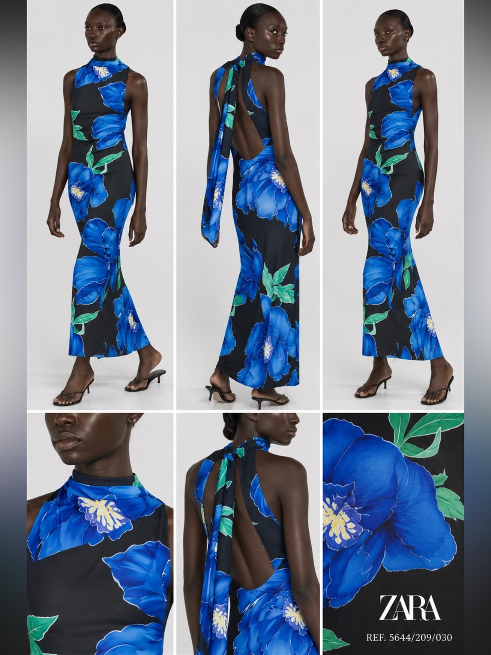 Zara Blue Floral Open Back Halter Maxi Dress NWT Size S 5644/209